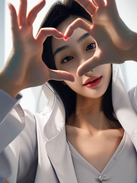 (medium shot:1.2), looking at viewer, smiling elegant slim asian woman, Korean, wearing (labcoat:1.4), black hair, (heart hands), (modern surgery room), photo, 1girl, ultra high res, realistic photorealistic, ultra-detailed, finely detailed, high resolution, perfect dynamic composition, (perfect eyes), (detailed eyes), solid circle eyes, sparkling eyes, (clean eyes), anatomically correct, super detail, textured skin, extremely detailed face and eyes, detailed facial features, ((perfect face)), wide hips