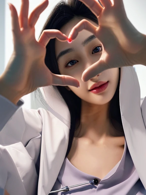 (medium shot:1.2), looking at viewer, smiling elegant slim asian woman, Korean, wearing (labcoat:1.4), black hair, (heart hands), (modern surgery room), photo, 1girl, ultra high res, realistic photorealistic, ultra-detailed, finely detailed, high resolution, perfect dynamic composition, (perfect eyes), (detailed eyes), solid circle eyes, sparkling eyes, (clean eyes), anatomically correct, super detail, textured skin, extremely detailed face and eyes, detailed facial features, ((perfect face)), wide hips