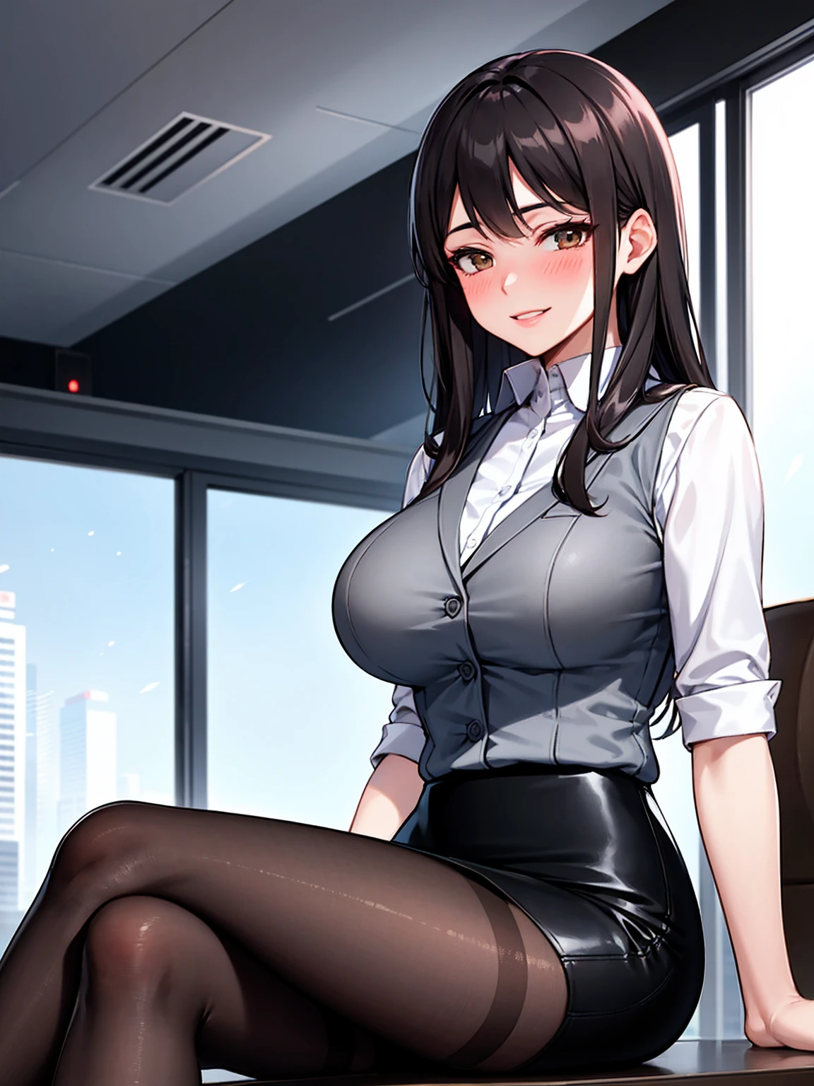 1 sitting woman (Crossing your legs), office worker (Stylish clothing), (Grey vest) (Pencil Skirt), Mature Woman, /(Dark brown hair/) bangs, A gentle blushing smile, (Masterpiece Top quality:1.2) Delicate illustrations, super detailed, Large Breasts, Pantyhose Break (Modern office indoors), Cityscape of windows, Detailed Background