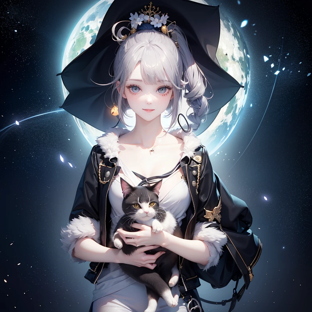 (((Holding a cute orange fat cat with super short legs in both hands，Correct anatomy)))，((Highest quality，masterpiece，一位Mature美女，Super thin air parted bangs，Light blue denim gray hooded jacket，Blue gray high ponytail super long straight hair，Double sideburn curly hair，Hair ends curled in，Gray powder clothes，Exposed clavicle，Show all ears))，((Mature，Smile slightly，Look at the camera head-on))，starry sky galaxy background，Matte denim texture