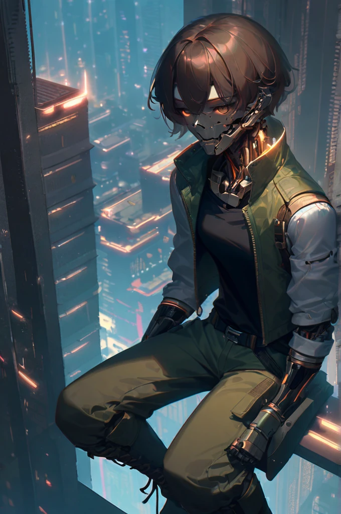 ((Лучшее качество)), ((шедевр)), (подробный), cyborg guy, short hair, brown brown mechanical eyes, lower mechanical jaw, cyborg, normal build, cyber skin, unbuttoned cyber biker jacket, cargo pants, high laced boots, sitting on the edge of a high-rise building, cyberpunk atmosphere