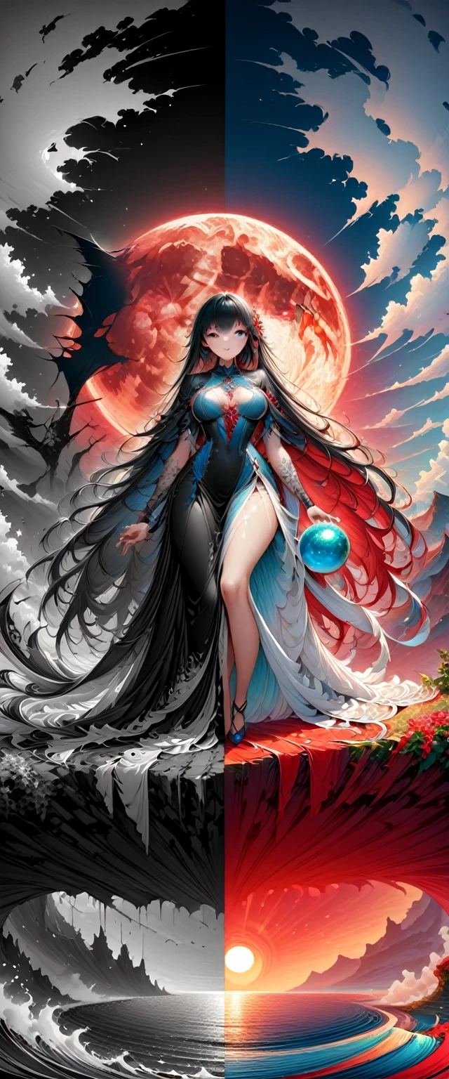 Black、White、Blue and Red,(best quality, Extremely detailed, high resolution, Extremely detailed的 CG),Wide-angle lens,Astrologer standing on the edge of a cliff,Holding a magic ball in hand,She is very pretty,She likes blood and the ocean,Blood Rain, mystery,Fanatic, Blood Moon, Surreal,beautiful,The artwork should transition from a pencil drawing style in Black and white on the left half to vibrant colors on the right half, Ensure seamless integration of the two halves,No dividing line, The scenes on both sides are exactly the same, with the left side featuring detailed Black and white pencil strokes and the right side filled with colors, Creating Fusion