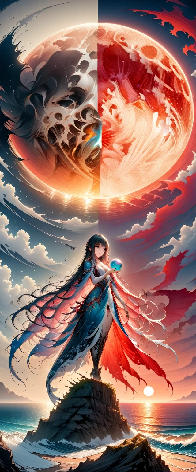 Black、White、Blue and Red,(best quality, Extremely detailed, high resolution, Extremely detailed的 CG),Wide-angle lens,Astrologer standing on the edge of a cliff,Holding a magic ball in hand，She is very pretty,She likes blood and the ocean,Blood Rain, mystery,Fanatic, Blood Moon, Surreal,beautiful，The artwork should transition from a pencil drawing style in Black and white on the left half to vibrant colors on the right half, Ensure seamless integration of the two halves，No dividing line, The scenes on both sides are exactly the same, with the left side featuring detailed Black and white pencil strokes and the right side filled with colors, Creating Fusion
