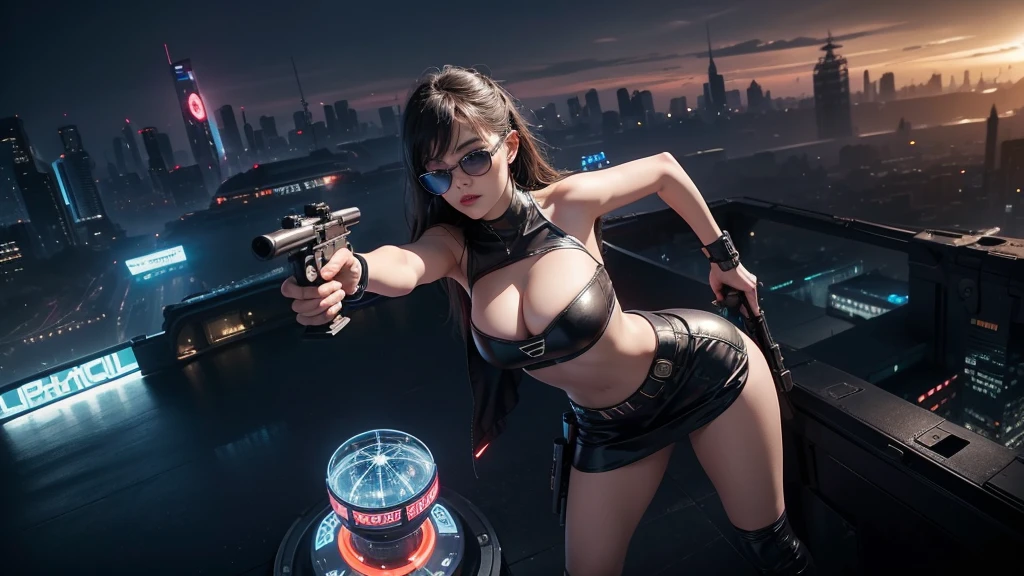 At night, aerial view of futuristic sci-fi cyberpunk city with plenty neon lights, skyscrapers, flying cars, vortex glowing hologram ((giant clock tower)) as time machine, high quality. (1girl, solo), photo realistic, large-breast:1.2 slim body, cleavage:1.3, tube top, short miniskirt, (black sunglasses), aiming at viewer with a (mini rifle):0.3, dynamic pose, half-body thigh level medium shot, cinematic lighting.