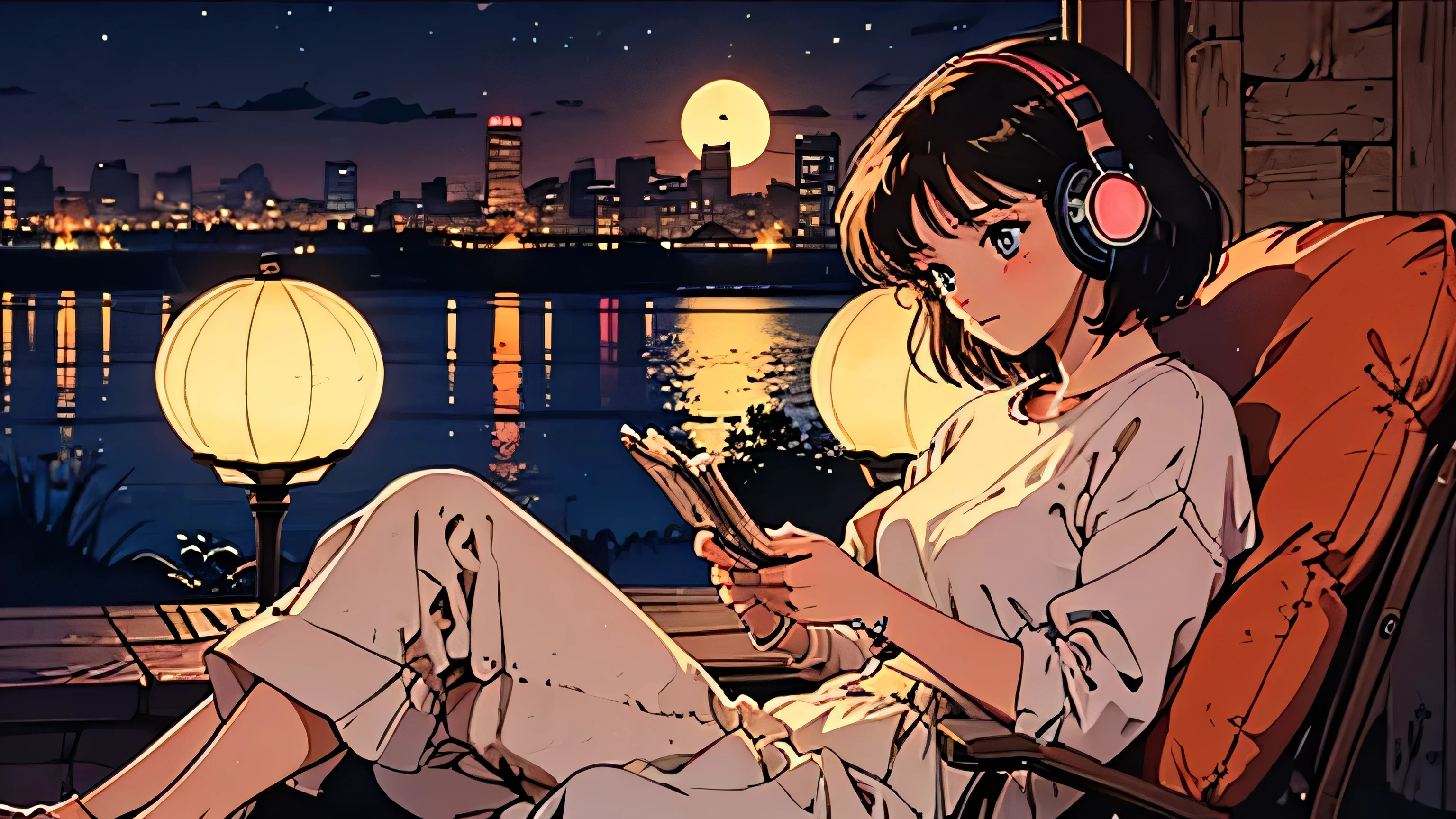 1 girl with short hair, Blue Eyed Girl, 80s anime style girl, Wearing headphones, Retro, Lo-Fi, With cassette tape, outside, outside, at night, night, night view, night景, Moon Rig, Moon Rig, A nightscape with a visible Moon Rig, where the city lights blend harmoniously with the serene glow of the Moon Riglight, Creates a peaceful and attractive atmosphere