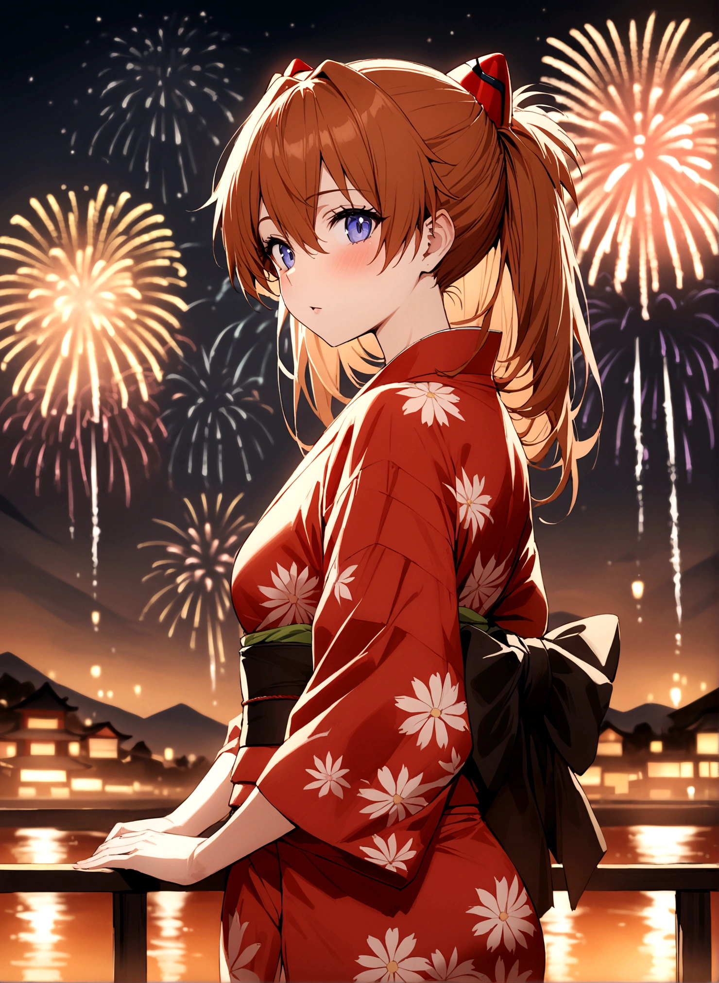 masterpiece, Highest quality,Asuka Langley, One girl,,Beautiful eyes,Reddish brown hair,yukata,whole body,Fireworks display
