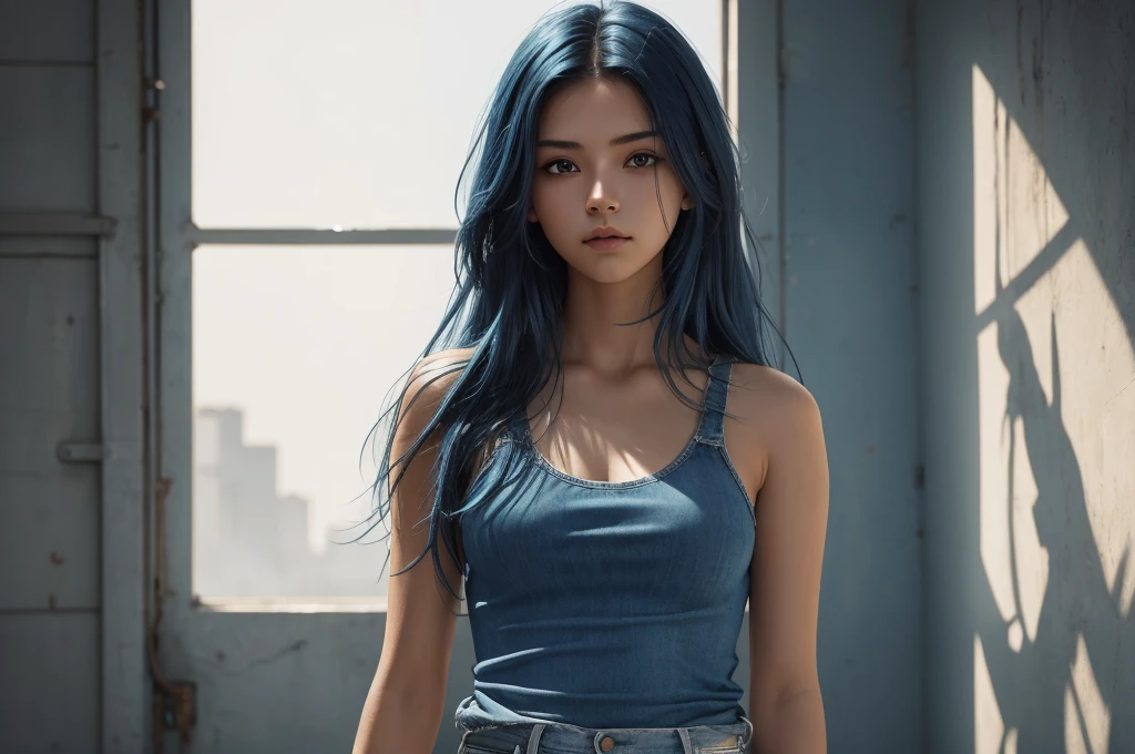 20 year old girl, blue short jean, blue top, long hair, high contrast (Natural skin texture, Hyperrealism, Soft Light, sharp), portrait, standing