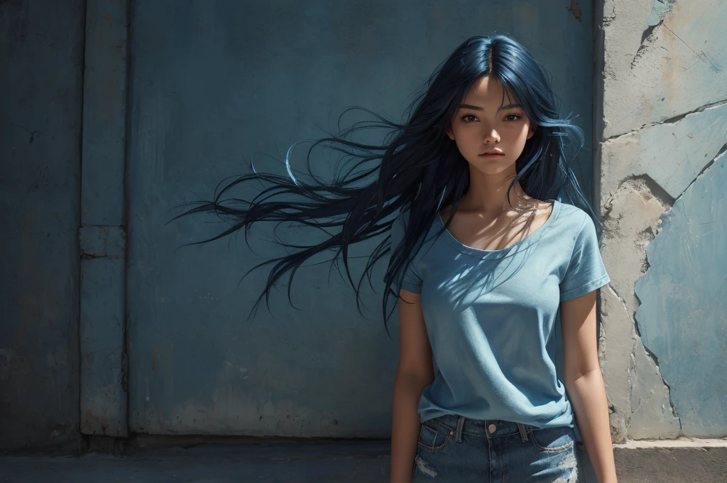 20 year old girl, blue short jean, blue top, long hair, high contrast (Natural skin texture, Hyperrealism, Soft Light, sharp), portrait, standing
