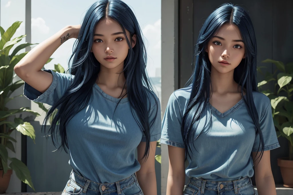 20 year old girl, blue short jean, blue top, long hair, high contrast (Natural skin texture, Hyperrealism, Soft Light, sharp), portrait, standing