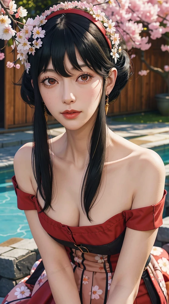 yor, Mature female, bangs, side locks, Red eyes, Black hair, hair adornments,sportrait, (face:1.2), schoolgirls, ssmile,bare shoulders, Black hair, cherry blossom, cleavage, (gown:1.21), clavicle, Willow Branch, (masterpiece best quality :1.2),