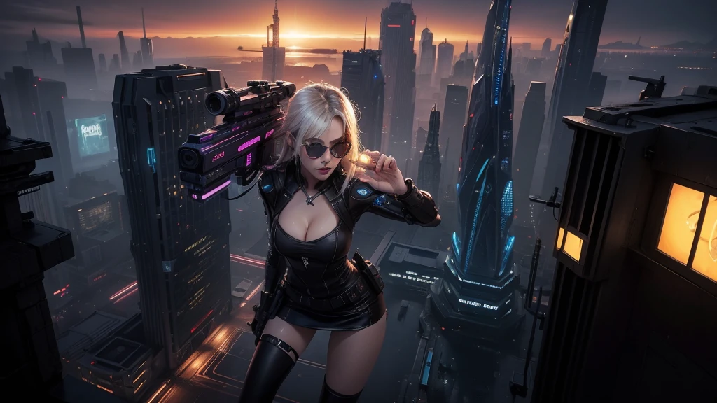 At night, aerial view of futuristic sci-fi cyberpunk city with plenty neon lights, skyscrapers, flying cars, vortex glowing hologram ((giant clock tower)) as time machine, high quality. (1girl, solo), photo realistic, large-breast:1.2 slim body, cleavage:1.3, tube top, short miniskirt, (black sunglasses), aiming at viewer with a (mini rifle):0.3, dynamic pose, half-body thigh level medium shot, cinematic lighting.