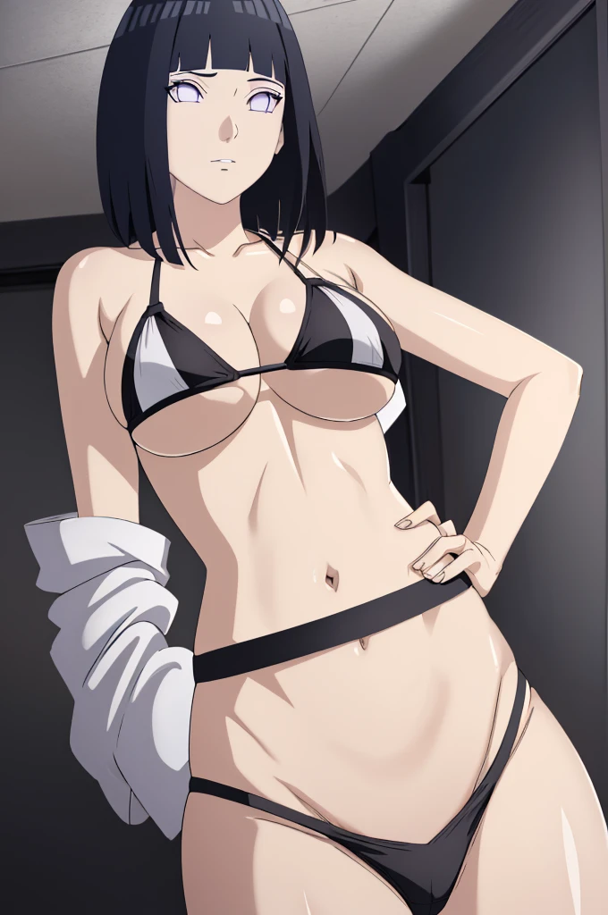 masterpiece, (intricate details), (colorful),cinematic lighting,extremely detailed CG unity 8k wallpaper ,hinata\(boruto\), 1girl,solo, large breasts, (hinata, hyuuga hinata, purple eyes, blunt bangs, black hair) big breasts, perfect breasts, large breasts, round breasts, sexy body, slim waist, nice hips, skinny, nice thighs, thick thighs, black bra, cleavage, bare shoulders, collarbone, underboob, slim waist, white bikini, bikini, swimsuit, small bikini, plain background, cowboy shot, body shot, front shot, full body, white backdrop, perfect eyes, glowing eyes, beautiful eyes, black background, simple background, no background , body shot, hands on hip