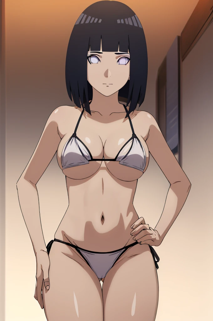 masterpiece, (intricate details), (colorful),cinematic lighting,extremely detailed CG unity 8k wallpaper ,hinata\(boruto\), 1girl,solo, large breasts, (hinata, hyuuga hinata, purple eyes, blunt bangs, black hair) big breasts, perfect breasts, large breasts, round breasts, sexy body, slim waist, nice hips, skinny, nice thighs, thick thighs, black bra, cleavage, bare shoulders, collarbone, underboob, slim waist, white bikini, bikini, swimsuit, small bikini, plain background, cowboy shot, body shot, front shot, full body, white backdrop, perfect eyes, glowing eyes, beautiful eyes, black background, simple background, no background , body shot, hands on hip