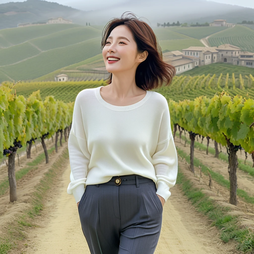 8k best picture quality, Beautiful 36-year-old Korean woman, My skin is good and my eyes are clear and pretty... clear and nice weather. Chest size 34 inches, italian countryside, past the vineyard, A cathedral can be seen in the fog in the distance.., The back background is realistic and vivid quality., Short and medium hair blowing in the wind, Wearing a white shirt under a luxurious knit. casual pants, laugh. the background is clear, Short and slim Korean woman, stand far away, Photo taken with a wide-angle lens, 1 woman