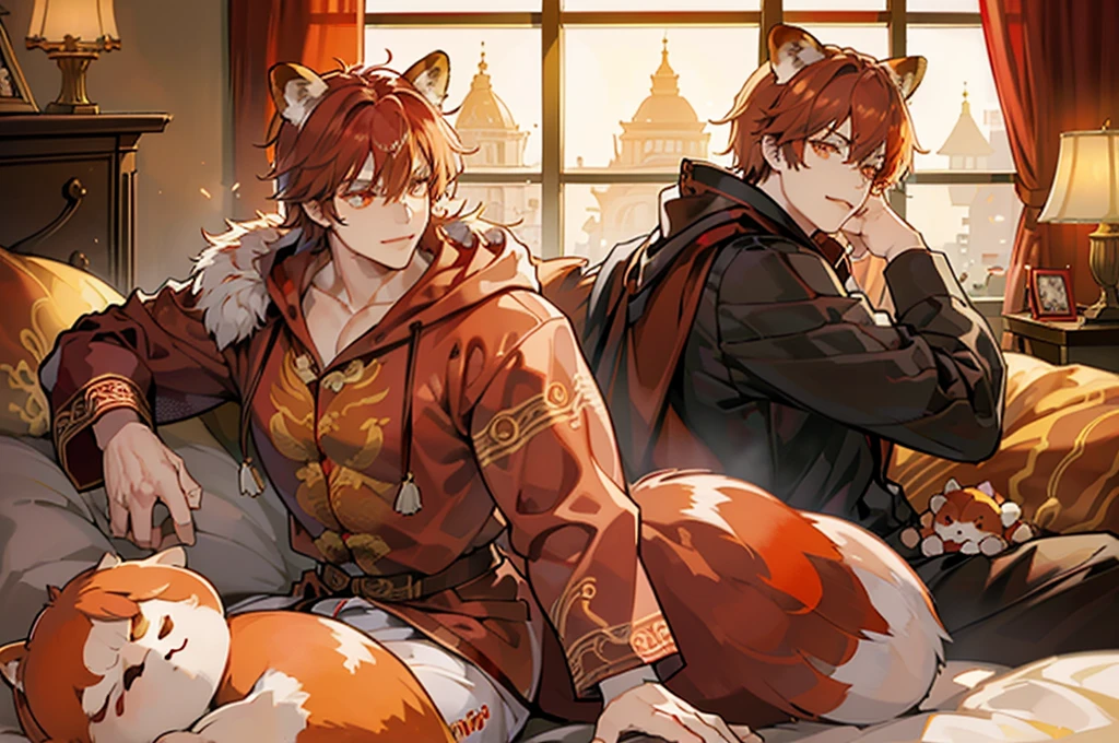 lhado eyes, perfect lighting, broad detail, detailded, deep skin,texturized skin, ,red panda costume,red and red bear costume , long sleeves, hood,,malva , long hair, orange eyes, great smile,on the bed ,sitting between pillows brown hair, (animal hood, red panda ears. , fake animal ears, texturized skin, High details, high qualiy, best qualityer, work of art, man wearing a red panda costume ((red panda costume style pajamas), room, Stuffed animal, red pajamas