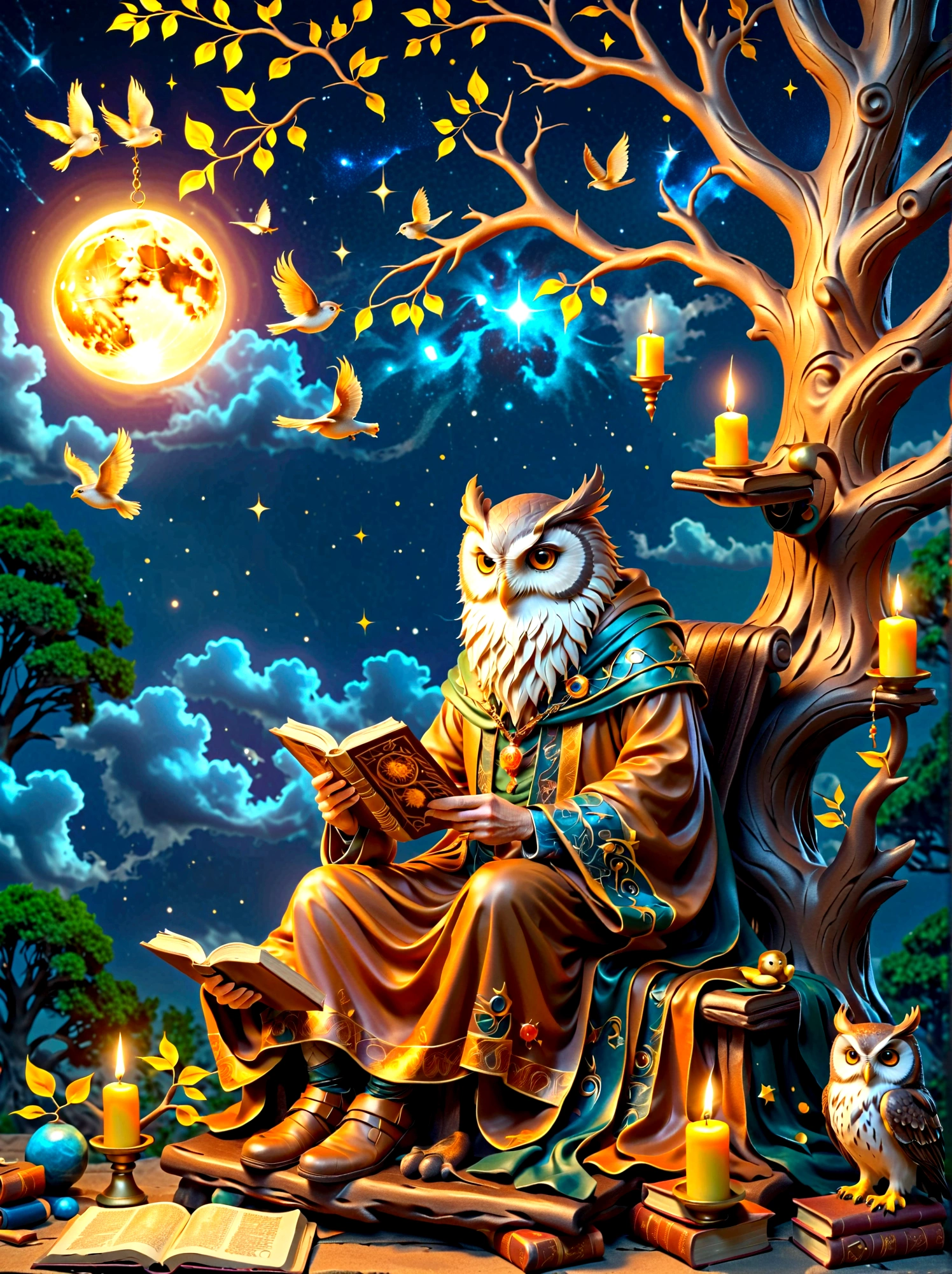 Astrologer Old Man,Personifying the abstract concept of wisdom,Depicting an old oak tree with deep roots and leaves,Represents the depth and breadth of knowledge,An old Caucasian astrologer in a robe is sitting on a rustic wooden bench next to him,Perform divination actions quietly,An old leather-bound book of horoscopes,Symbols of wisdom are scattered around,Such as an owl sitting on a tattoo branch and a group of glowing candles,Cast soft shadows,The setting sun in the background symbolizes the passage of time,This is an important aspect of gaining wisdom.