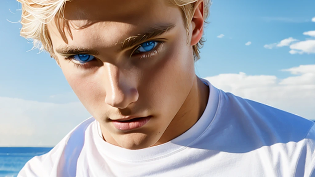 portrait of a blond man, European boy, White man, attractive boy, Handsome guy, White skin, realist, film grain, T-shirt sin mangas, symmetrical, Handsome boy, top model, greek model, greek face, focus on the boy, euro boy, Blue eyes, (Masterpiece, Best Quality:1.2), 1 chico, Alone, half shot, Photo \(half\), he wears T-shirt sin mangas, T-shirt, Focus boy, pose