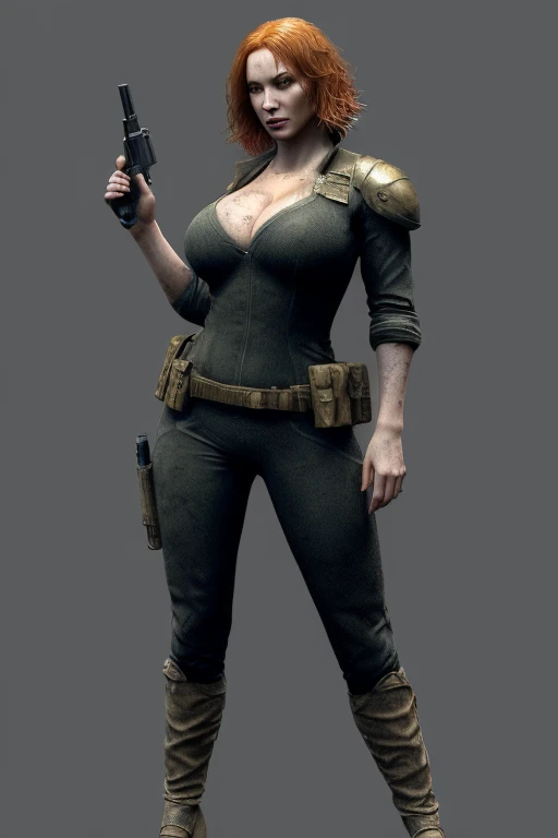 Christina Hendricks as an video game character, alluring 48 year old woman, High-quality facial research of Christina Hendricks, (Christina's sculpted cheekbones and slight wrinkles around the face), High-quality detailed research of Christina Hendricks voluptuous figure. ((aiming at the viewer with a gun)), skin-tight black suit,  armor pieces, bulletproof, utility belt, two pistols, ((holding a handgun)), (((decent looking gun)))). Whole body, Casual pose, Beautiful pose, (Extremely detailed CG 8k wallpaper), (Extremely delicate and beautiful), (Masterpiece), (Best quality: 1.0), (Ultra-high resolution: 1.0), Beautiful lighting, Perfect lighting, Realistic shadows, [high resolution], Detailed skin, Super detailed (((Colorful))), Digital art, Resident Evil concept art, full body concept art, Expert concept art with high detail, concept-art，Such as Ernest Khalimov, survival horror game concept art, concept-art, craig mullins style, Video game concept art, 4K, full body portrait
