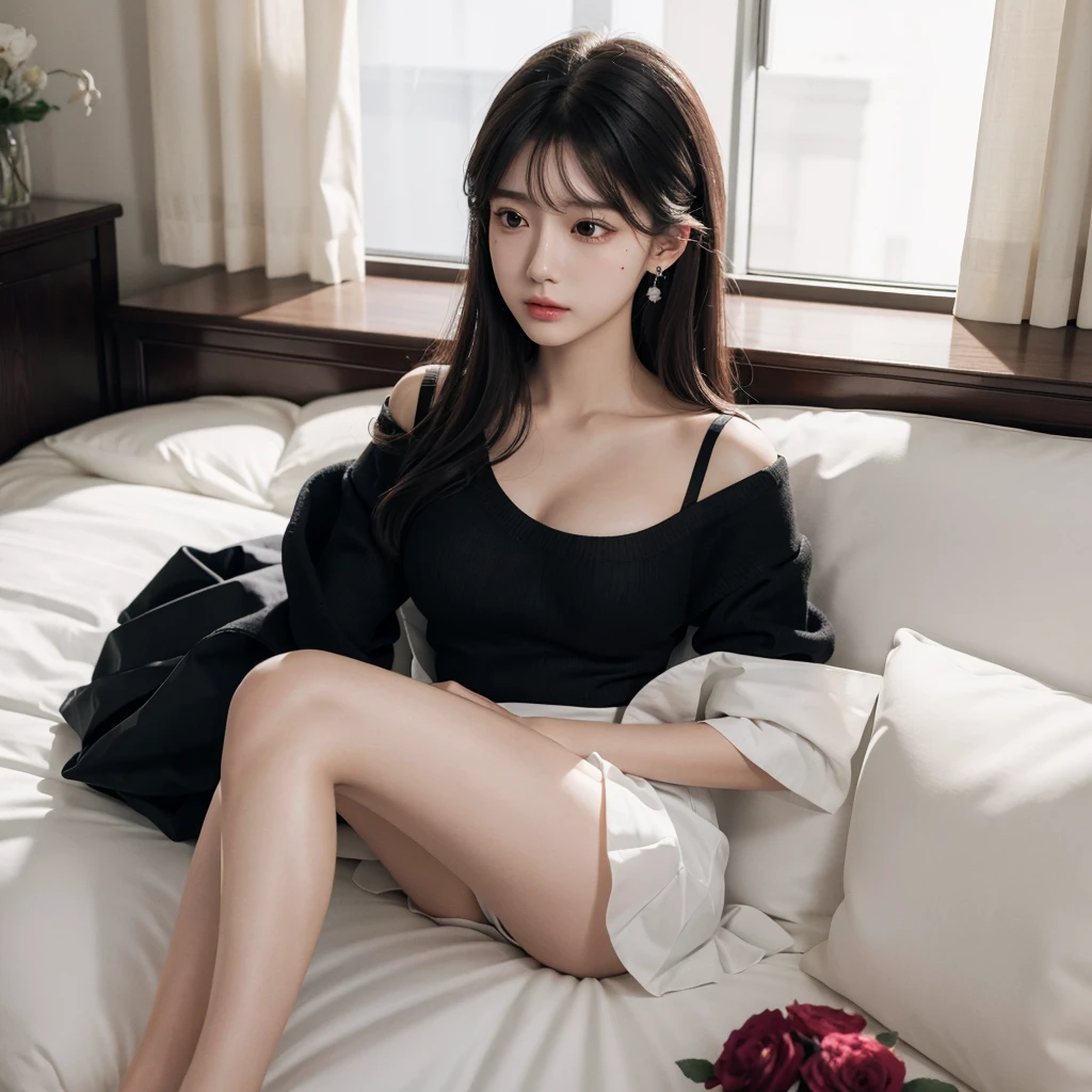absurdres, RAW photo, extremely delicate and beautiful, masterpiece, Best Quality, ultra high resolution, 32k, hyperrealistic, ultra-detailed, delicate facial features, beautiful detailed woman, tearful mole, earring, medium breasts, full body shot, medium hair, black hair, solo, alone, school_uniform,