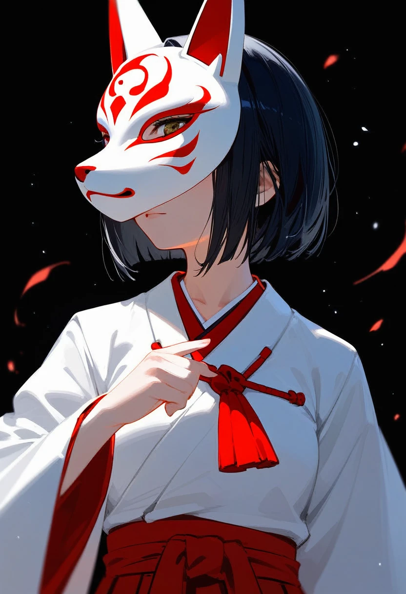 score_9, score_8_up, score_7_up, by erere, 1girl, short hair, reverse bob cut, black hair, miko, fox mask, mask on, Japanese clothes, kimono, white kosode, white kimono, red hakama skirt, sleeves past wrists, upper body, black background, simple background, masterpiece, Very aesthetic, best quality, white background
