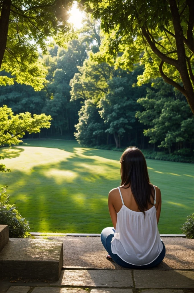 A girl writing, back view, greeny peaceful place