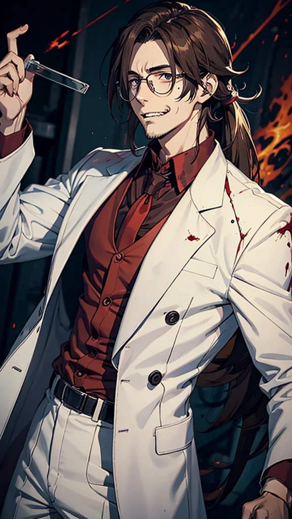 Anime style, male scientist, tall, glasses, brown shoulder length hair with white tips in his hair, blood on his hands, laughing maniacally, handsome, scary.