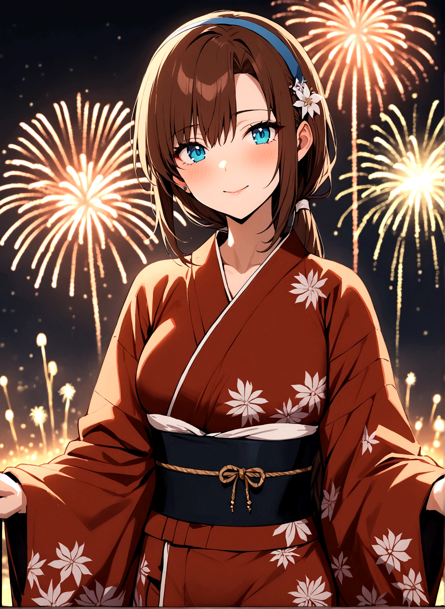 masterpiece, Highest quality,Mari Illustrious, One girl,Beautiful eyes,Dark brown hair,yukata,whole body,Fireworks display