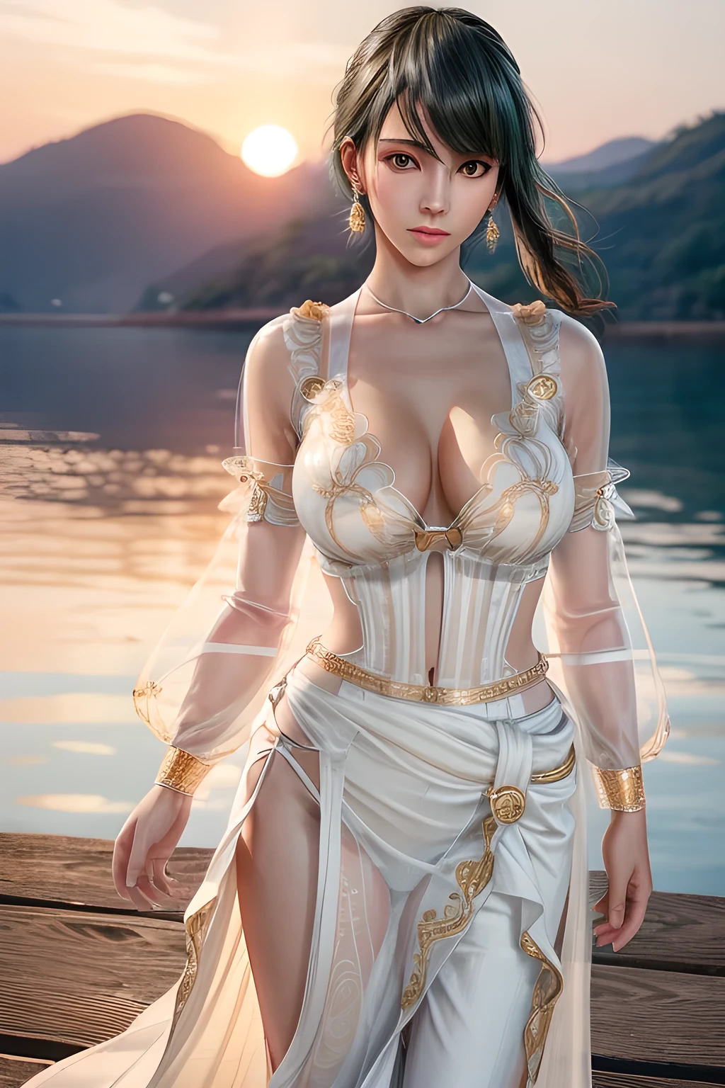 1girl,Tamaki,At sunset, the warm sunlight adds a golden hue to the scene. Wearing a flowing (white dress with transparent sleeves and a cinched waist: 1.4), blown by the breeze, and wearing earrings, she stands on the dock and looks at the sunset in the distance. The water is calm, with soft ripples, and the outline of the distant coastline can be vaguely seen in the background.(fashionable_Tattoos),(huge breasts),collarbone, cleavage,Detailed Hair,(Tattoos),(masterpiece:1.5),( best quality:1.4), ultra-detailed,(((realisetic))),8K,{ (photorealistic:1.37),movie soft light,