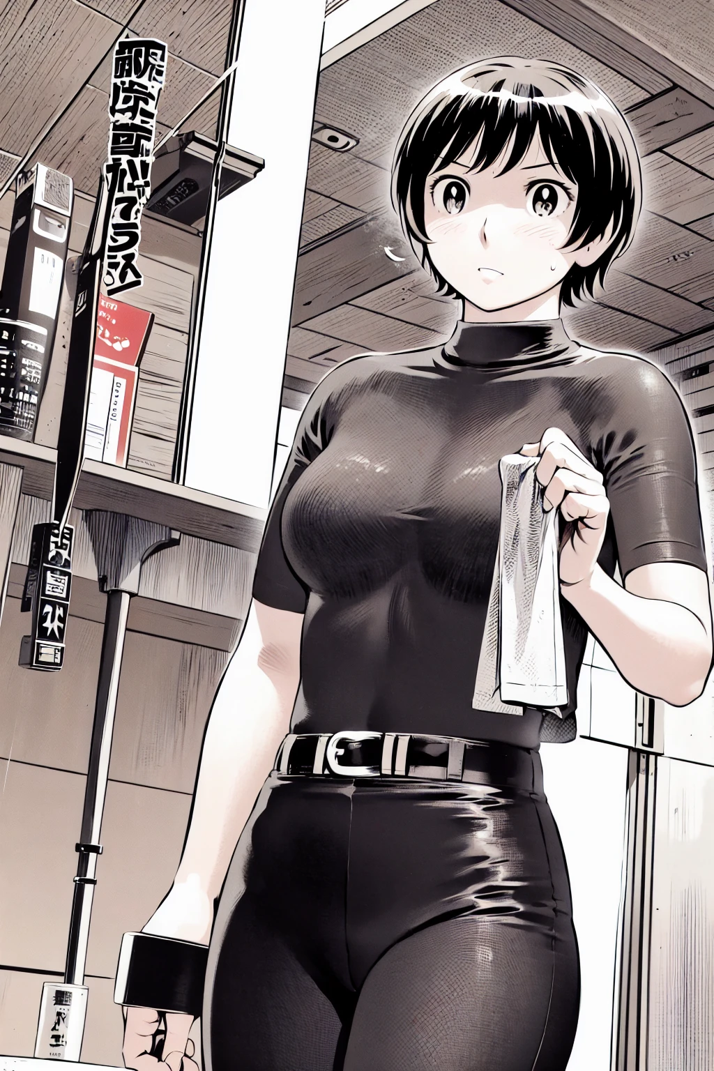 、(masterpiece、Highest quality)、Highest quality, Ultra-high resolution, (((masterpiece))), alone, Sweat、Big eyes,Tight black shirt、Tight white pants、belt、indoor、Composition from the front、(Cut the back hair short、short hair、blonde、woman)、Shortcuts、Embarrassed face、Cut your hair short、可愛いwomanの子、Big Breasts、Inside the room、Full Color、Baseball uniform