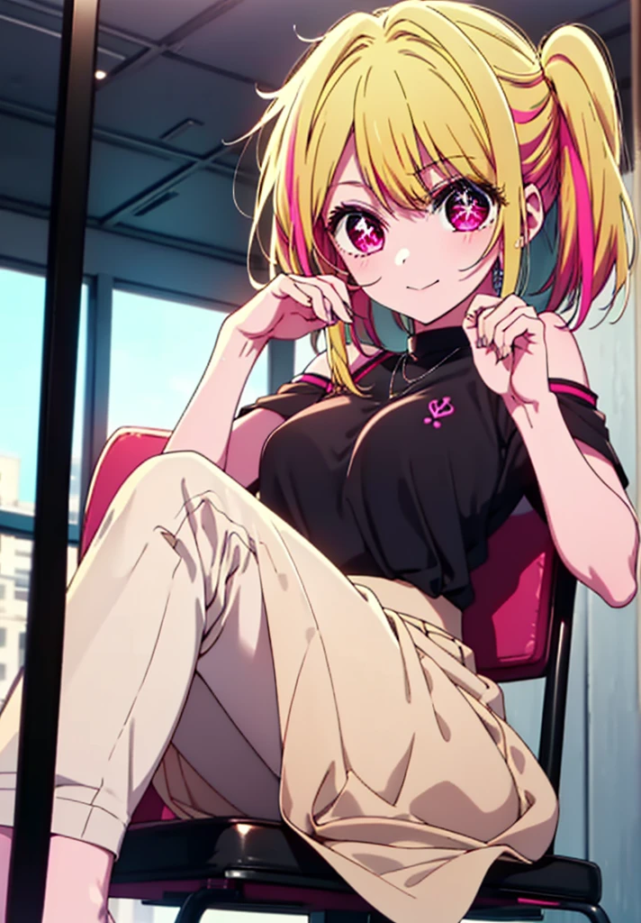 rubyhoshino, Hoshino Ruby, Long Hair, bangs, Blonde, (Pink Eyes:1.3), (Symbol-shaped pupil:1.5), Multicolored Hair, Two-tone hair, happy smile, smile, Close your mouth,
break, Cold Shoulder Shirt,Short sleeve,Long skirt,Black pantyhose,Stiletto heels,There is a computer on the table,sitting cross-legged on a chair,Are standing,interior,whole bodyがイラストに入るように,Daytime,Clear skies,
break indoors, office,
break looking at viewer, whole body,
break (masterpiece:1.2), Highest quality, High resolution, unity 8k wallpaper, (figure:0.8), (Beautiful attention to detail:1.6), Highly detailed face, Perfect lighting, Highly detailed CG, (Perfect hands, Perfect Anatomy),