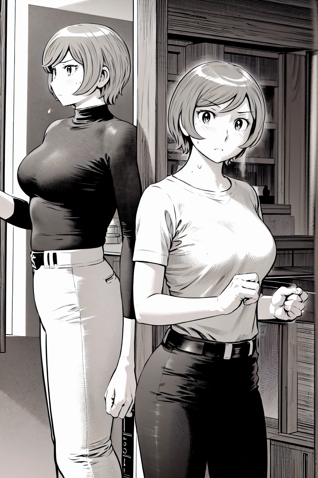、(masterpiece、Highest quality)、Highest quality, Ultra-high resolution, (((masterpiece))), alone, Sweat、Big eyes,Tight black shirt、Tight white pants、belt、indoor、Composition from the front、(Cut the back hair short、short hair、blonde、woman)、Shortcuts、Embarrassed face、Cut your hair short、可愛いwomanの子、Big Breasts、Inside the room、Full Color、Baseball uniform