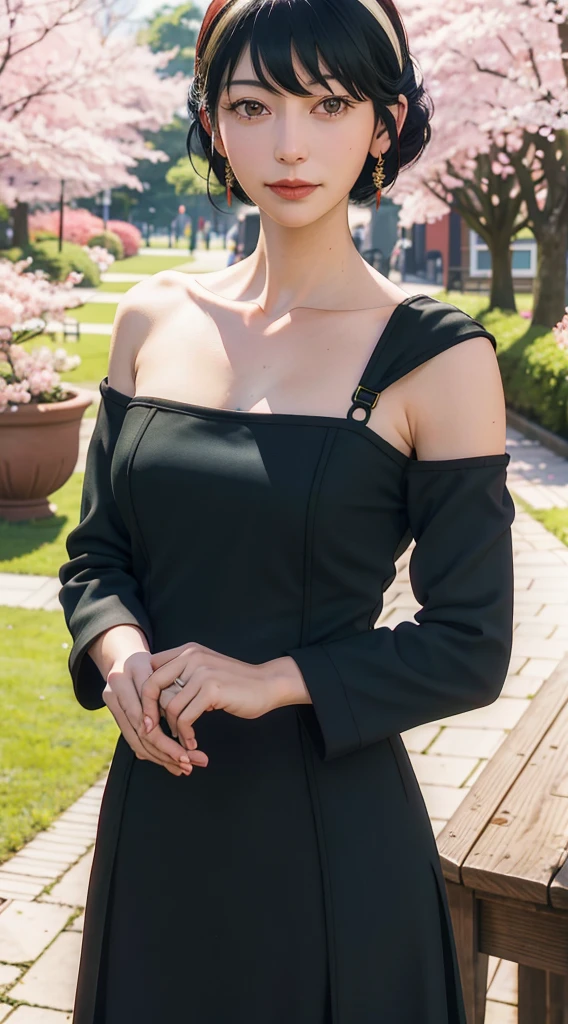 yor, Mature female, bangs, side locks, Red eyes, Black hair, hair adornments,sportrait, (face:1.2), schoolgirls, ssmile,bare shoulders, Black hair, cherry blossom, cleavage, (gown:1.21), clavicle, Willow Branch, (masterpiece best quality :1.2),