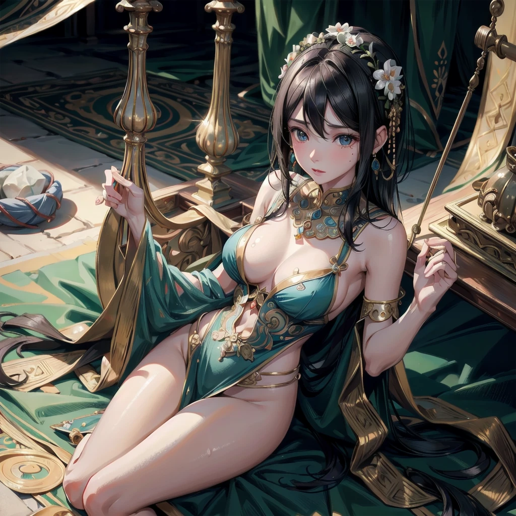 absurdres, RAW photo, extremely delicate and beautiful, masterpiece, Best Quality, ultra high resolution, 32k, hyperrealistic, ultra-detailed, delicate facial features, beautiful detailed woman, tearful mole, earring, medium breasts, full body shot, medium hair, black hair, solo, alone, Dunhuang Apsaras costume, Dunhuang style,