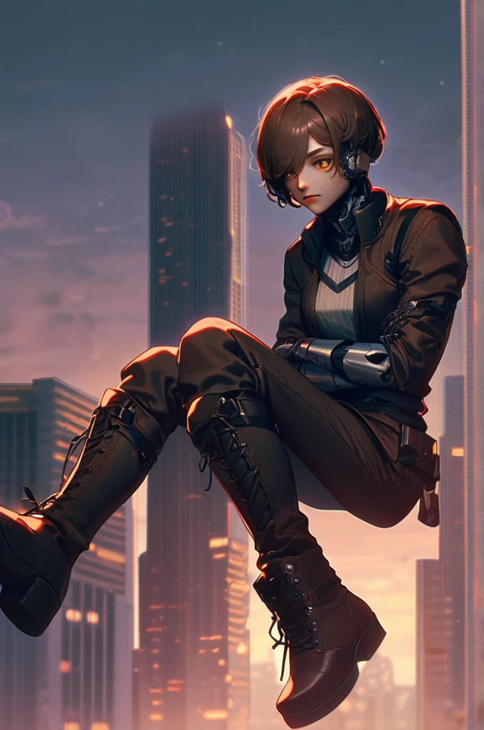 ((Лучшее качество)), ((шедевр)), (подробный), cyborg guy, short hair, brown brown mechanical eyes, lower mechanical jaw, cyborg, normal build, cyber skin, unbuttoned cyber biker jacket, cargo pants, high laced boots, sitting on the edge of a high-rise building, cyberpunk atmosphere