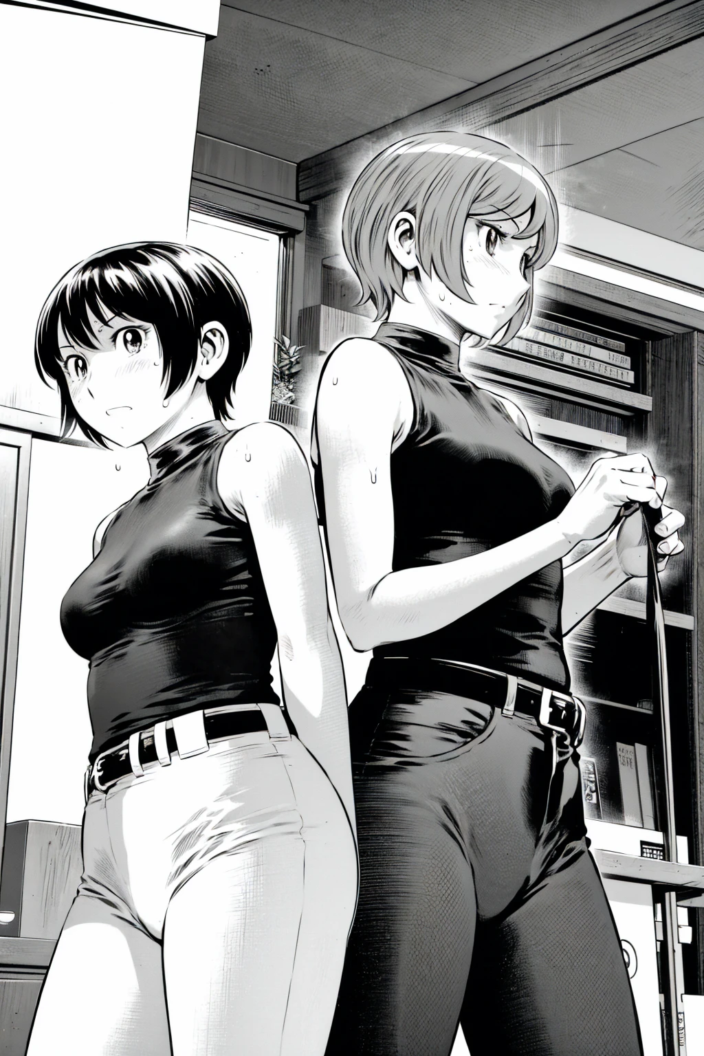、(masterpiece、Highest quality)、Highest quality, Ultra-high resolution, (((masterpiece))), alone, Sweat、Big eyes,Tight black shirt、Tight white pants、belt、indoor、Composition from the front、(Cut the back hair short、short hair、blonde、woman)、Shortcuts、Embarrassed face、Cut your hair short、可愛いwomanの子、Big Breasts、office