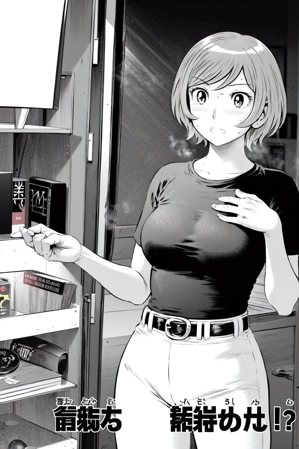 、(masterpiece、Highest quality)、Highest quality, Ultra-high resolution, (((masterpiece))), alone, Sweat、Big eyes,Tight black shirt、Tight white pants、belt、indoor、Composition from the front、(Cut the back hair short、short hair、blonde、woman)、Shortcuts、Embarrassed face、Cut your hair short、可愛いwomanの子、Big Breasts、office