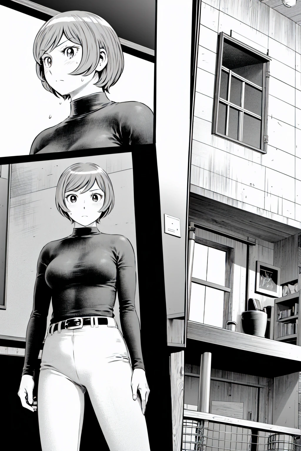 、(masterpiece、Highest quality)、Highest quality, Ultra-high resolution, (((masterpiece))), alone, Sweat、Big eyes,Tight black shirt、Tight white pants、belt、indoor、Composition from the front、(Cut the back hair short、short hair、blonde、woman)、Shortcuts、Embarrassed face、Cut your hair short、可愛いwomanの子、Big Breasts、office