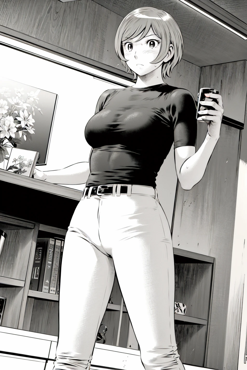 、(masterpiece、Highest quality)、Highest quality, Ultra-high resolution, (((masterpiece))), alone, Sweat、Big eyes,Tight black shirt、Tight white pants、belt、indoor、Composition from the front、(Cut the back hair short、short hair、blonde、woman)、Shortcuts、Embarrassed face、Cut your hair short、可愛いwomanの子、Big Breasts、office