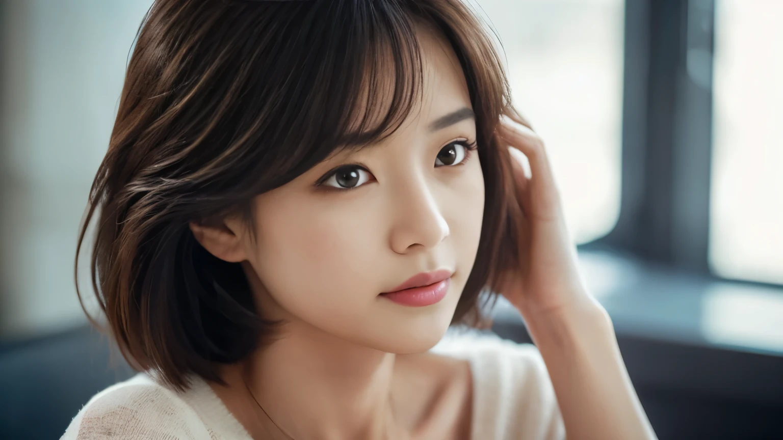 (highest quality、8K、32k、masterpiece、nffsw:1.2)、Photo taken at an airport cafe,　cute japanese women photos、very short bobbed hair、Upper body、surface focus、Extra Large_sweater、necklace、cafe background、Viewer search x4、(8K、Raw photo、highest quality、masterpiece:1.2)、(realistic、Photoreal:1.37)、1 girl、cute、professional lighting、photon mapping、Physically based rendering、gradient brunette hair、short curly hair、good looking、excellent image quality、High resolution、1080p、(cute face)、(Detailed facial description)、(Detailed Hand Explanation)、(Masseter muscle part)、(Detailed CG)、 extreme light and shadow、hair is dirty、masterpiece、Rich details、(exquisite features)、(best image quality)、(masterpiece)、(detailed eye)、delicate clavicle、various poses、Don&#39;Don&#39;Don&#39;don&#39;t look at the camera、profile、Photo taken at the airport cafe terrace、spring clothes、simple necklace、knit，Inside a stylish cafe at the airport