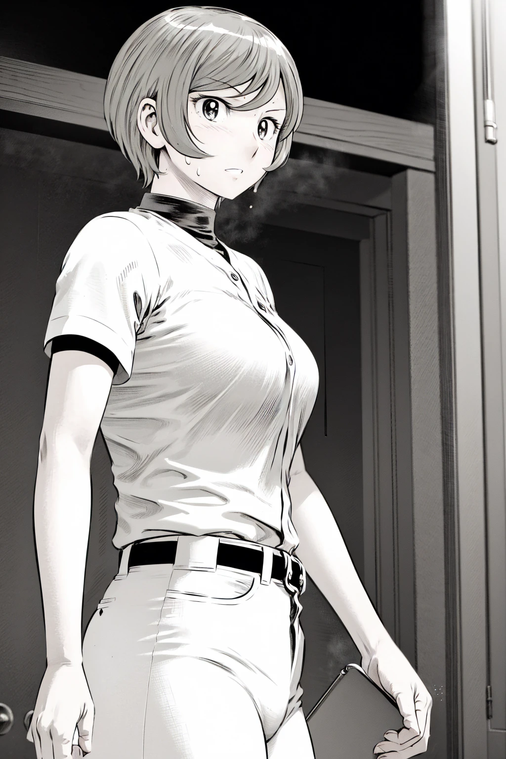 、(masterpiece、Highest quality)、Highest quality, Ultra-high resolution, (((masterpiece))), alone, Sweat、Big eyes,Tight black shirt、Tight white pants、belt、indoor、Composition from the front、(Cut the back hair short、short hair、blonde、woman)、Shortcuts、Embarrassed face、Cut your hair short、可愛いwomanの子、Big Breasts、office