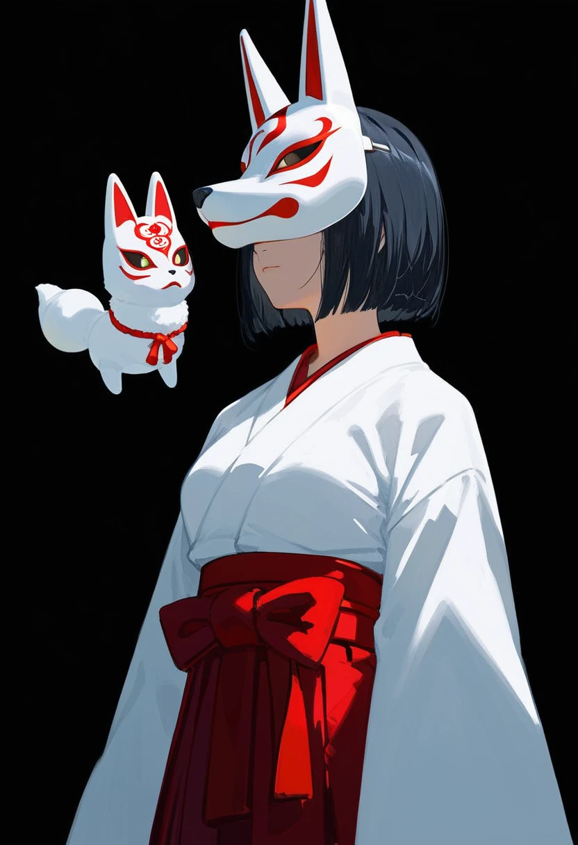 score_9, score_8_up, score_7_up, by erere, 1girl, short hair, reverse bob cut, black hair, miko, fox mask, mask on, Japanese clothes, kimono, white kosode, white kimono, red hakama skirt, sleeves past wrists, upper body, black background, simple background, masterpiece, Very aesthetic, best quality, white background
