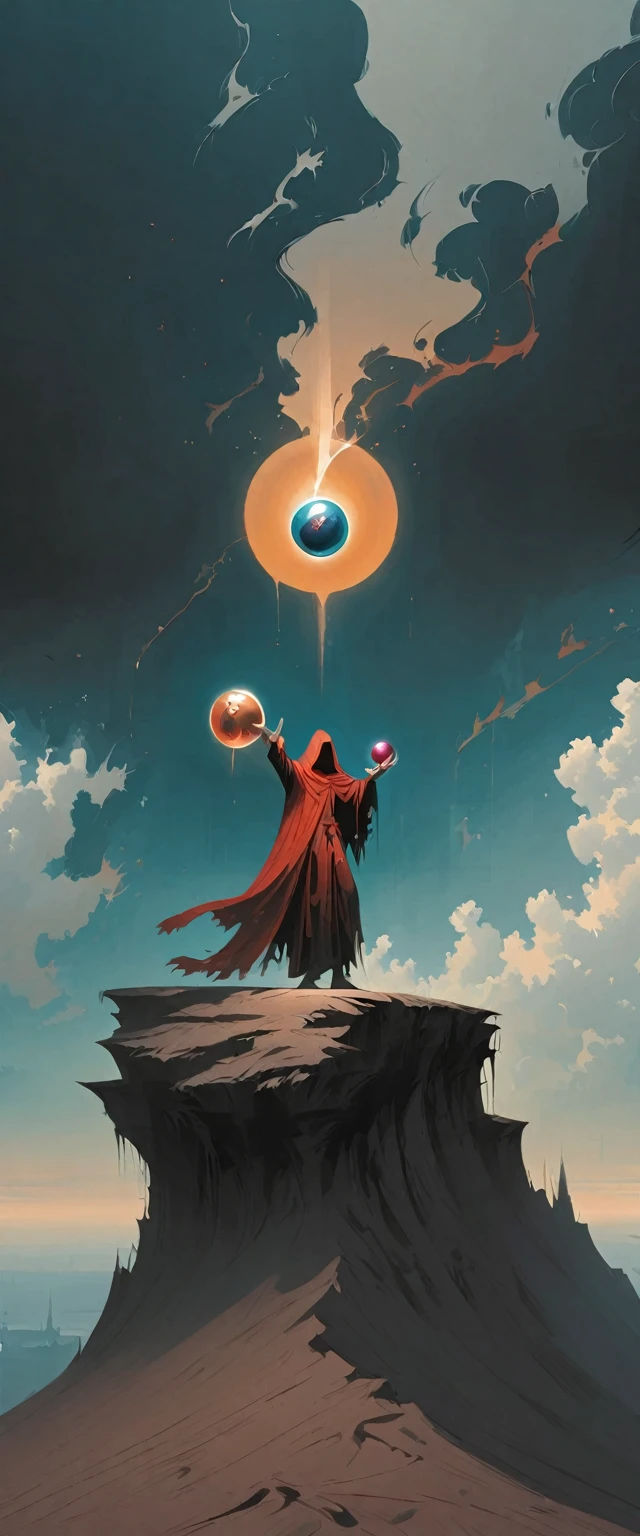 Astrologer standing on the edge of a cliff,Holding a magic ball in hand，Alex Andreev Style - Absurd、Fear、Minimalist Surrealism
