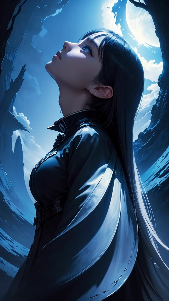 ((masterpiece)),((Highest quality)),((Lots of details)),((Realistic feel)), ((look up)), Pitch Black, night, Deep in the forest, Moonlight shines, ((Cool blue shade)), White Owl incarnation, Perfect girl silhouette, Sharp focus, ((High Sky:1.6)), Dim and dim, High Contrast