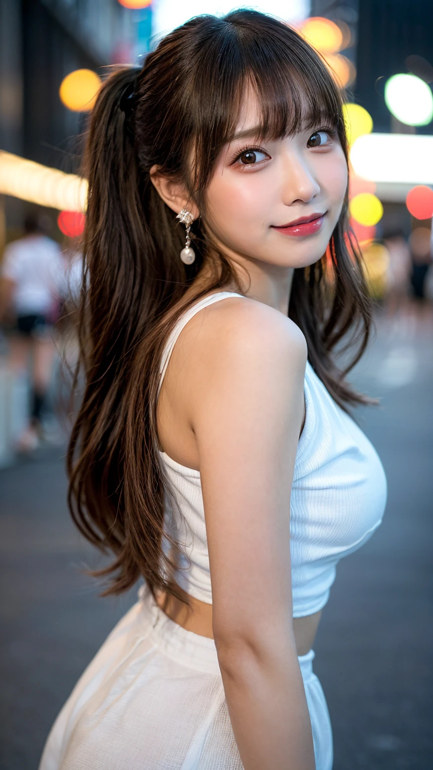 Tabletop, Highest quality, shape, Very detailed, finely, High resolution, 8k wallpaper, 完璧なダイナミックな構shape, finelyて美しい目, one piece,Medium Hair,Natural color lip, smile,21 years old、cute、Looking into the camera、F Cup、Brown Hair、Blurred night New York background,Earrings,(Pinkal),((Model pose)),Big Breasts,Twin tails
