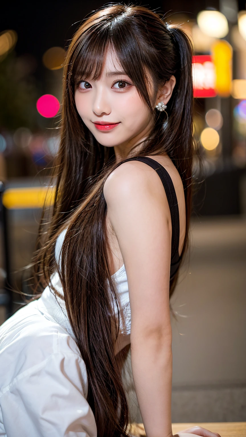 Tabletop, Highest quality, shape, Very detailed, finely, High resolution, 8k wallpaper, 完璧なダイナミックな構shape, finelyて美しい目, one piece,Medium Hair,Natural color lip, smile,21 years old、cute、Looking into the camera、F Cup、Brown Hair、Blurred night New York background,Earrings,(Pinkal),((Model pose)),Big Breasts,Twin tails