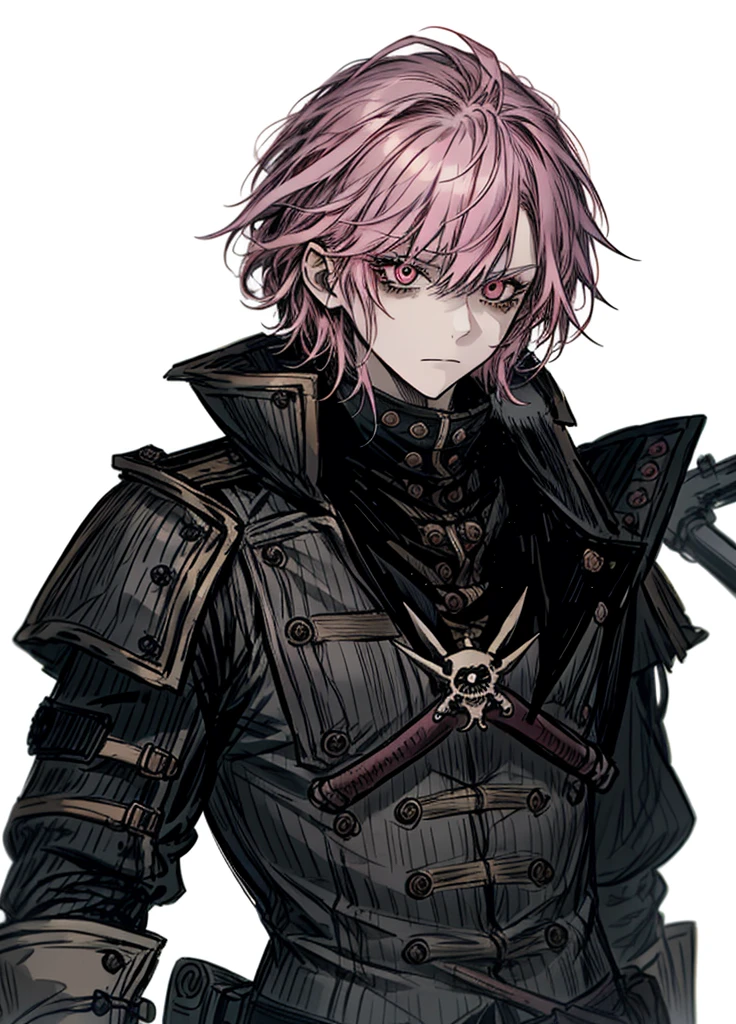 1boy,pink hair, pink eyes, pirate, sea privateer, bandit clothes, gun, nice clothes, (high resolution, high detail, best quality), 
black background, 