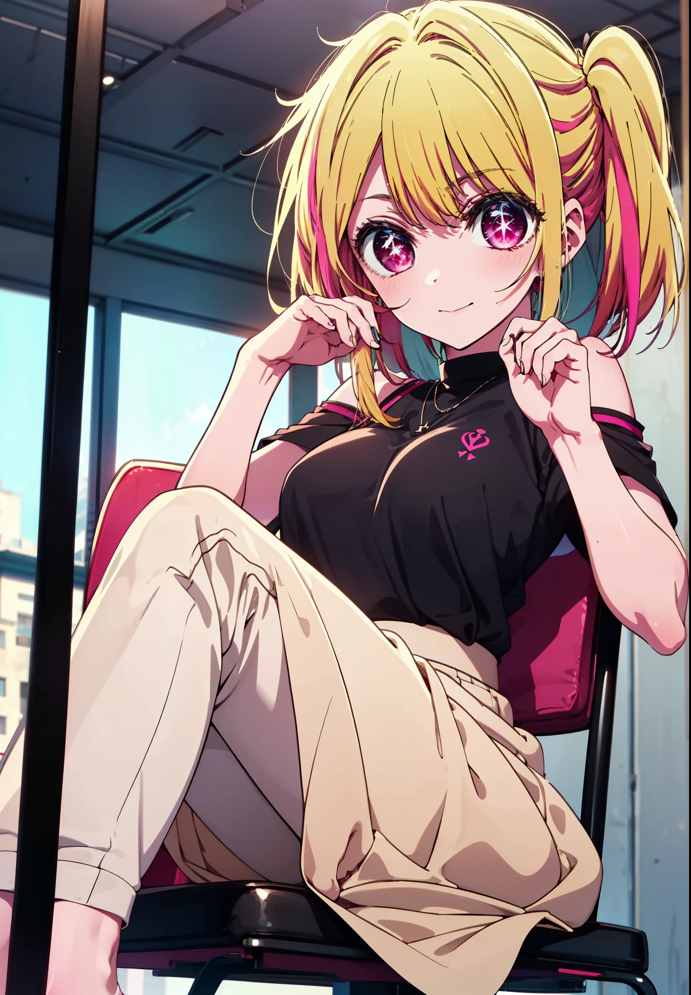 rubyhoshino, Hoshino Ruby, Long Hair, bangs, Blonde, (Pink Eyes:1.3), (Symbol-shaped pupil:1.5), Multicolored Hair, Two-tone hair, happy smile, smile, Close your mouth,
break, Cold Shoulder Shirt,Short sleeve,Long skirt,Black pantyhose,Stiletto heels,There is a computer on the table,sitting cross-legged on a chair,Are standing,interior,whole bodyがイラストに入るように,Daytime,Clear skies,
break indoors, office,
break looking at viewer, whole body,
break (masterpiece:1.2), Highest quality, High resolution, unity 8k wallpaper, (figure:0.8), (Beautiful attention to detail:1.6), Highly detailed face, Perfect lighting, Highly detailed CG, (Perfect hands, Perfect Anatomy),