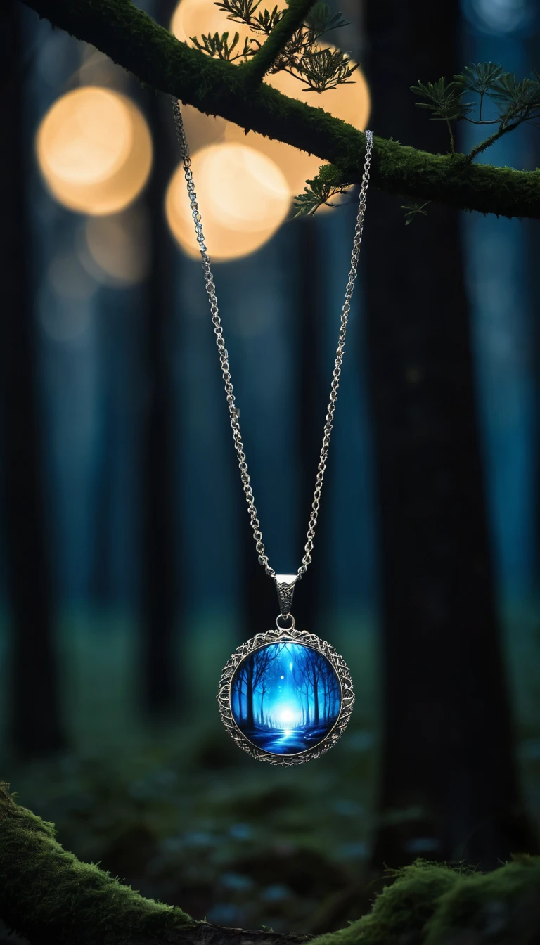 Highest quality　A blue pendant that emits a faint glow　Fantasy　The background is a night forest