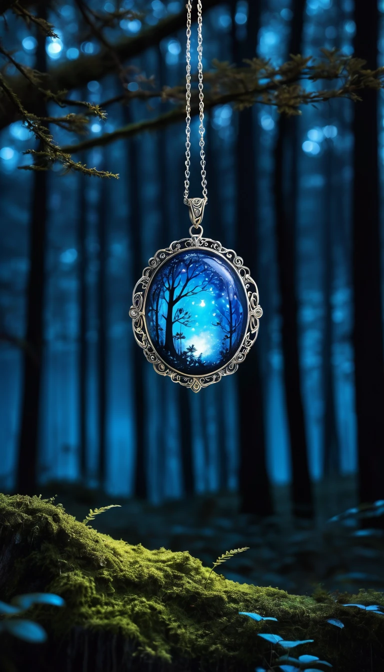Highest quality A blue pendant that emits a faint glow Fantasy The background is a night forest