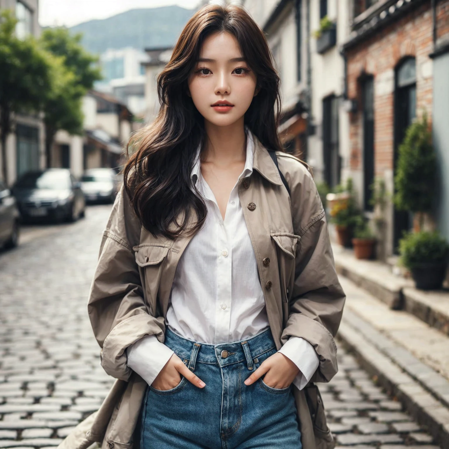 Beautiful young Korean female walking confidently down a cobblestone street in casual, stylish outfits with jackets, shirts, and jeans. The backdrop is a vintage urban setting with buildings and greenery, blending modern style with a cool urban vibe.